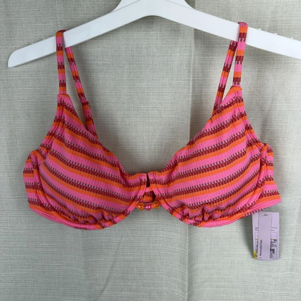 Wild Fable Bikini Top Juniors XL Pink Stripe‎ Underwire Removable Pads Beaded